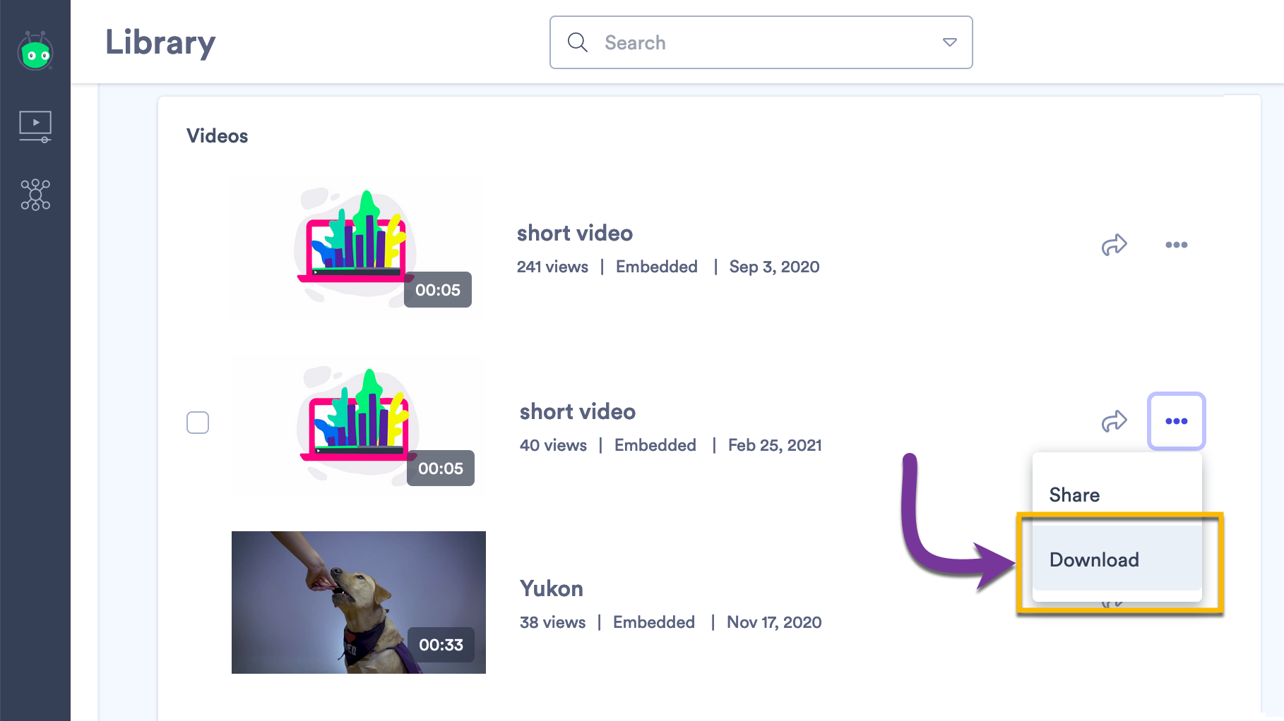 Selecting the download option next to a video in your Vidyard library