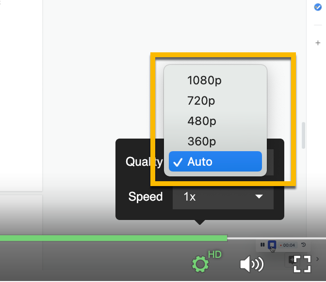 Opening the setting menu on the video player to note the different resolution you can select