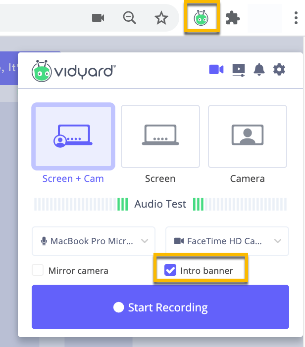Vidyard browser extension open with intro banner checkbox selected at the bottom