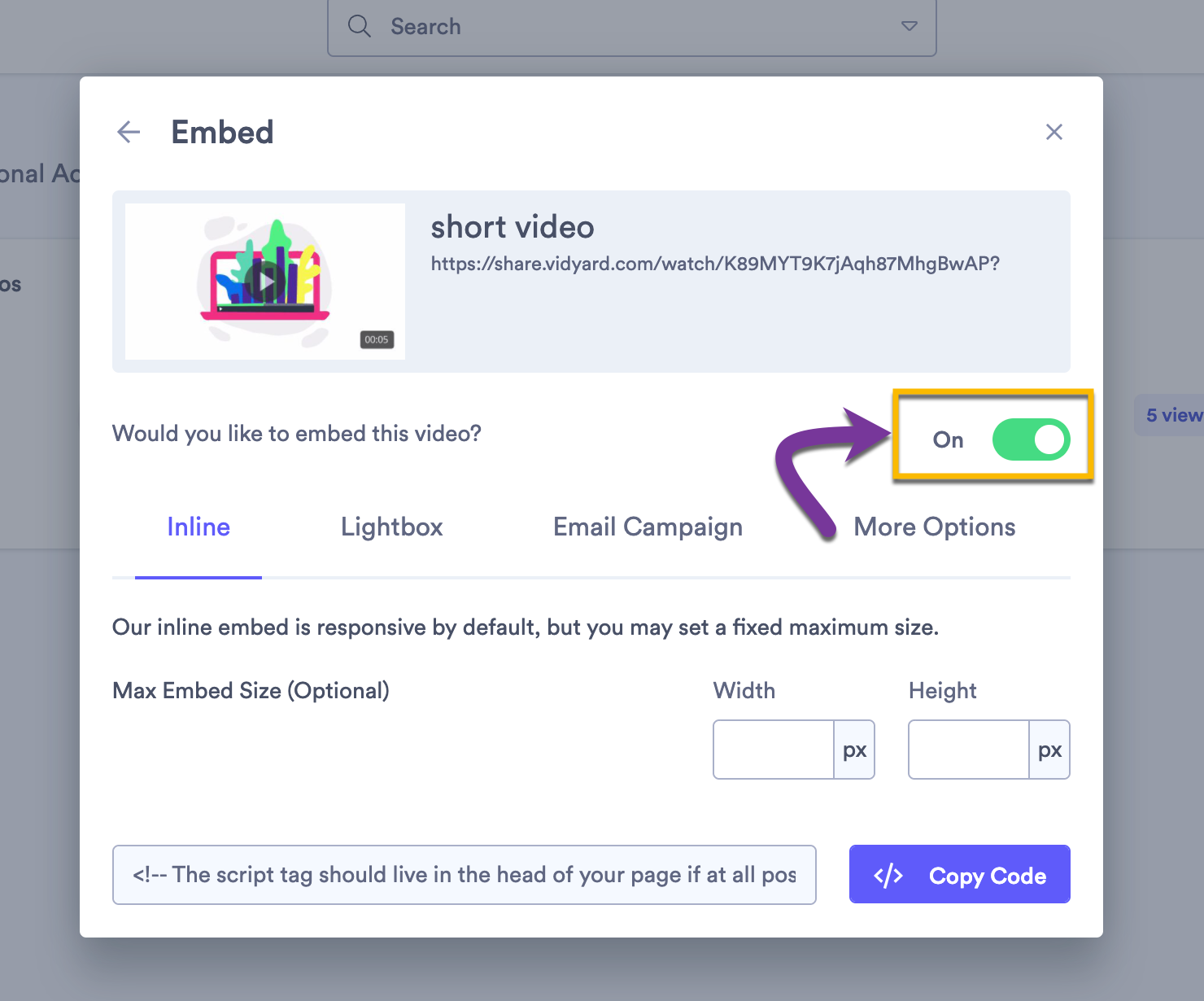 Using the settings toggle to enable embedding for the video