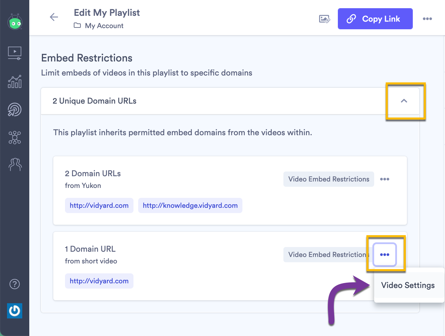 Opening the Embed Restrictions section on the playlist edit page to review permitted domains