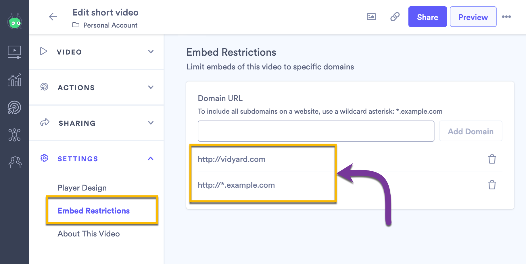 Video settings page showing domains that allow embedding
