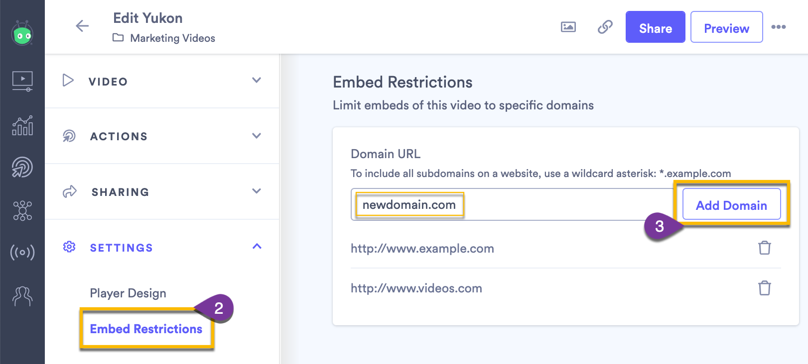 Video settings page showing how to add new allowed domains into list
