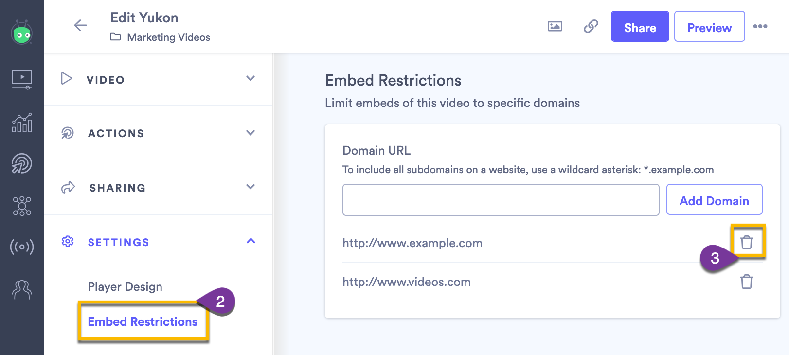 Video settings page showing how to delete domains from allowed embedding list