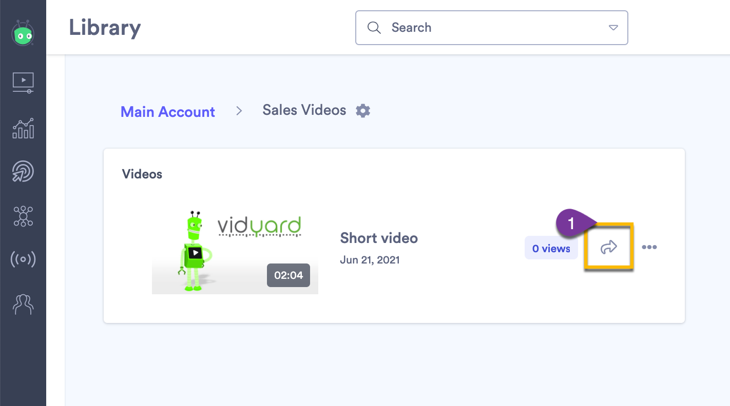 Vidyard library showing where to access share modal