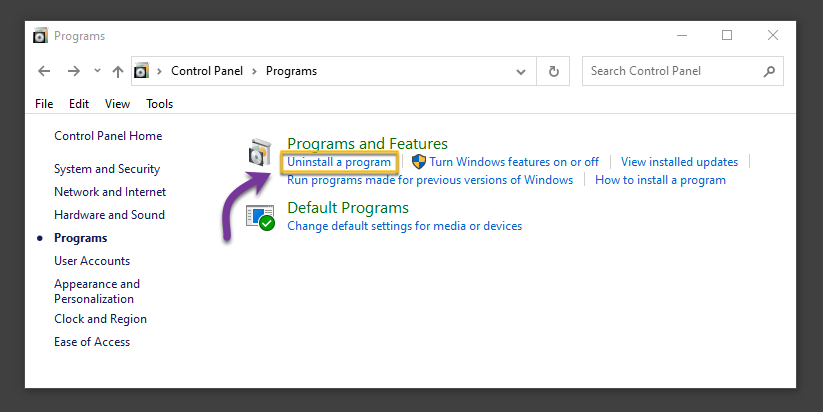 Windows Programs section with choice to uninstall a program