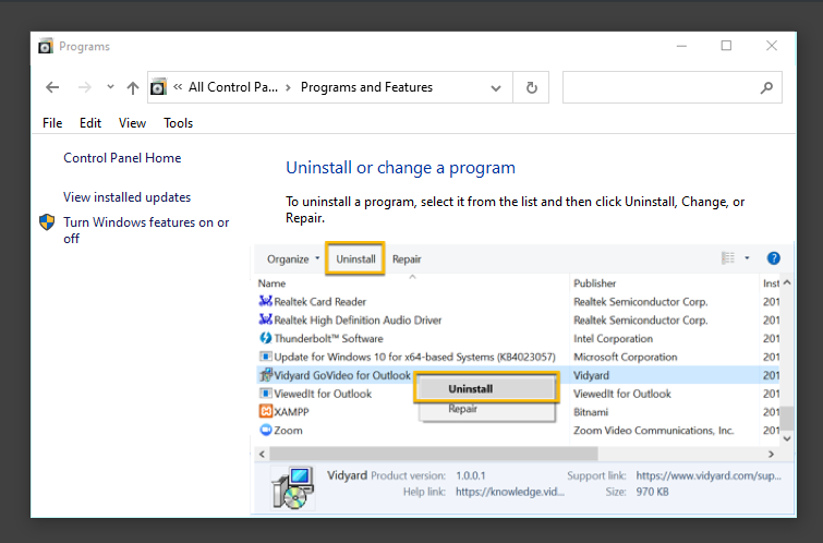 Windows Programs and feature section with list of installed programs and add-ins