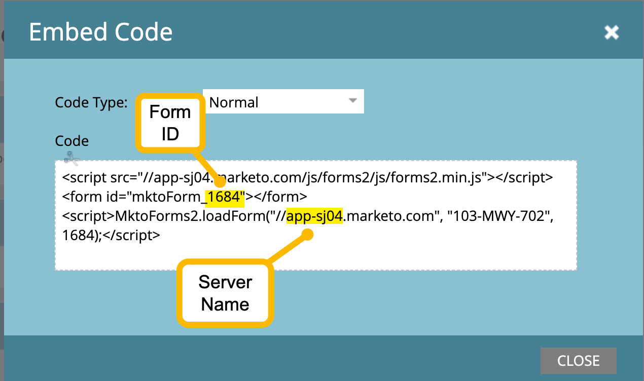 Obtaining the server name and form ID from a form's embed code in Marketo