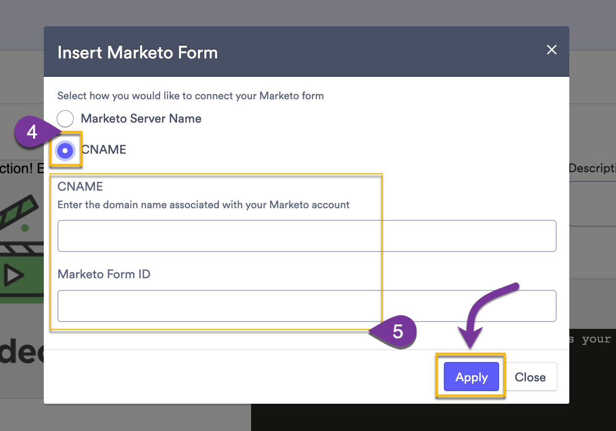 Selection on what type of Marketo form to connect, text boxes to enter relevant information