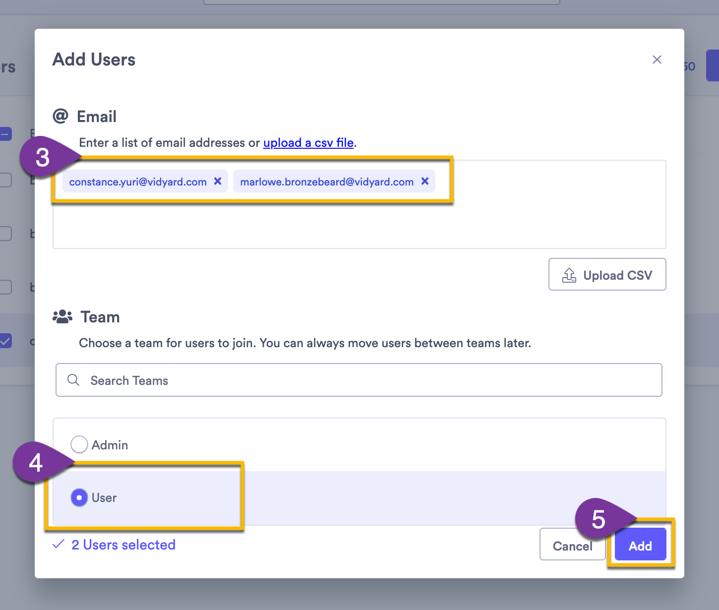 Add user popout window showing user emails, the team they are being selected for, and the Add button to finalize