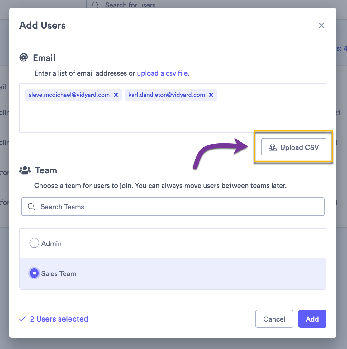 Add user window with button to upload CSV of user list