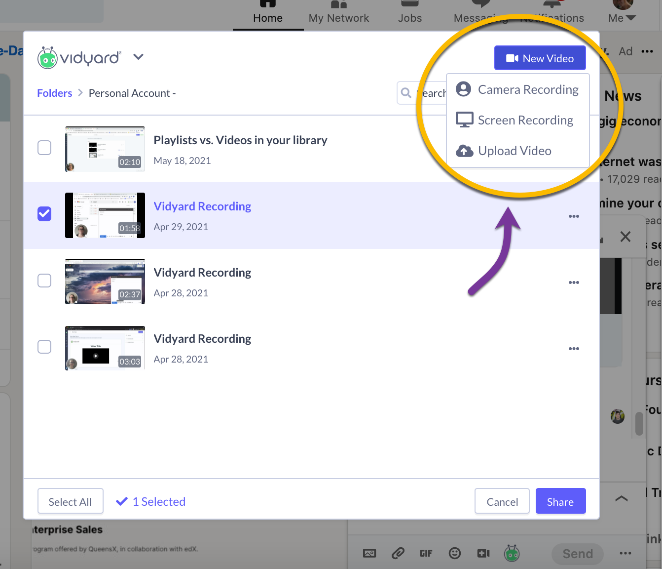 Vidyard add-in showing recording options under New Video menu