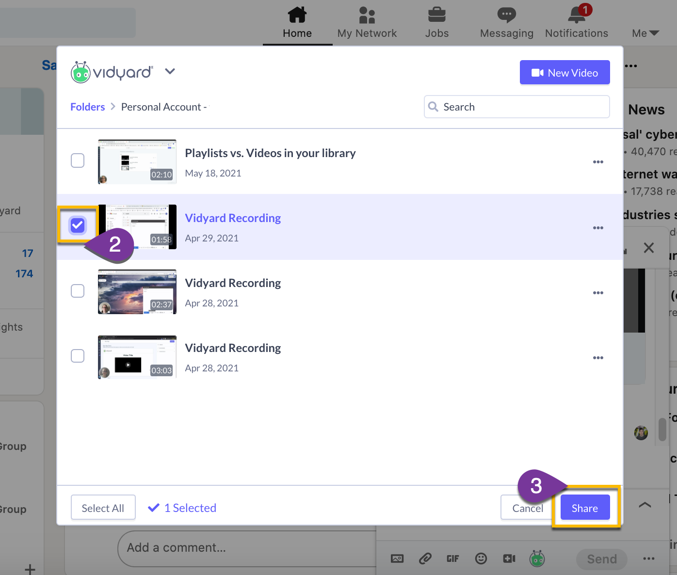 Vidyard add-in in LinkedIn with video selected, and share button selected for final step