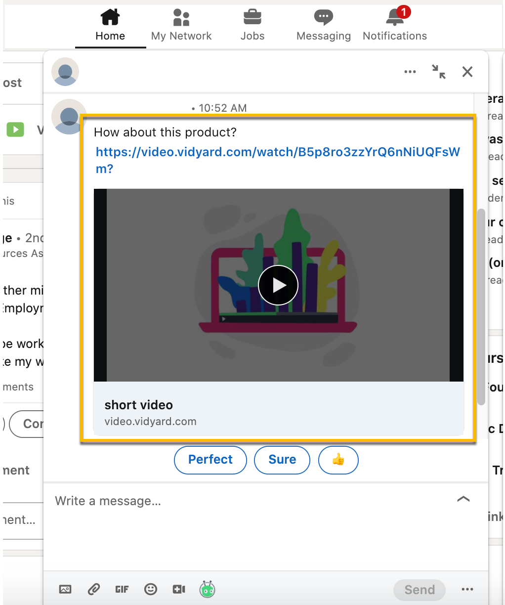 Vidyard thumbnail in LinkedIn direct message, with sharing link and title