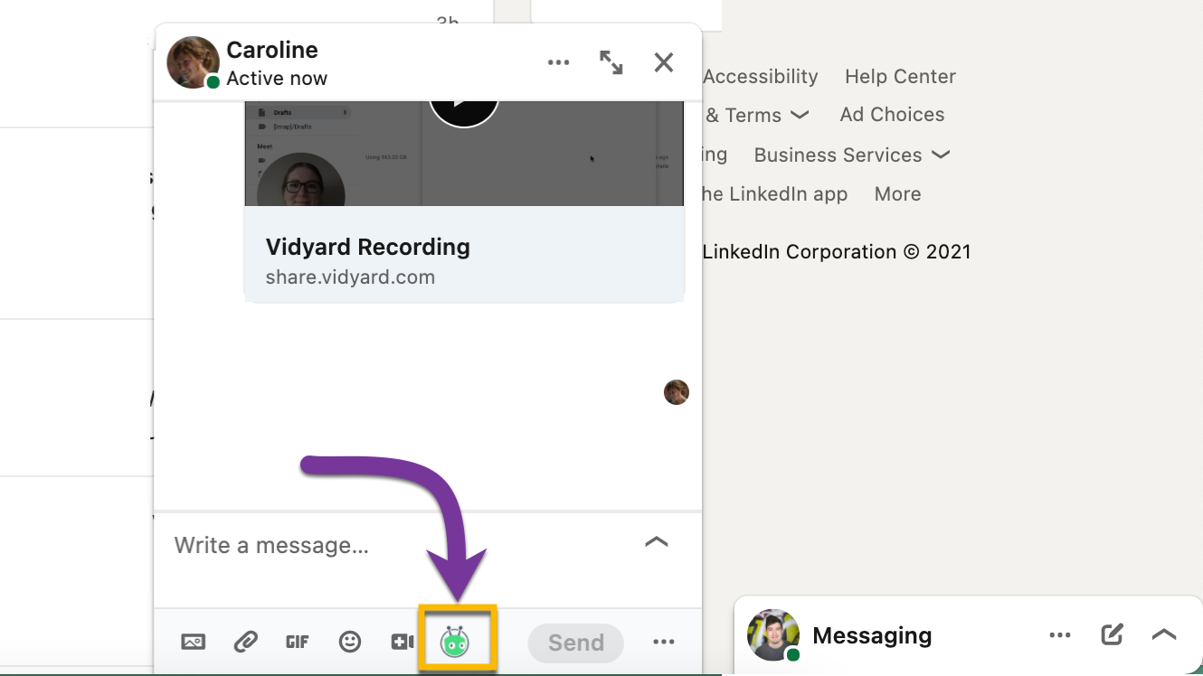 LinkedIn direct message with Vidyard icon on bottom toolbar