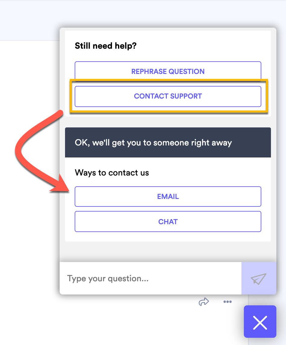Selecting the option to start a chat or send an email from the Support window