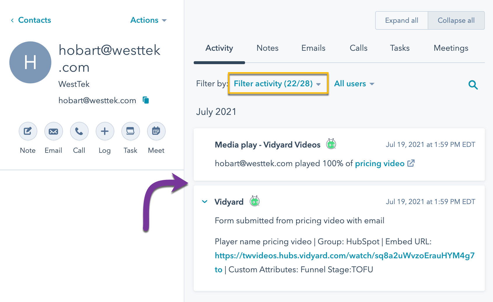 A Media Play and Form Fill event from Vidyard appearing on your contact's activity timeline in HubSpot