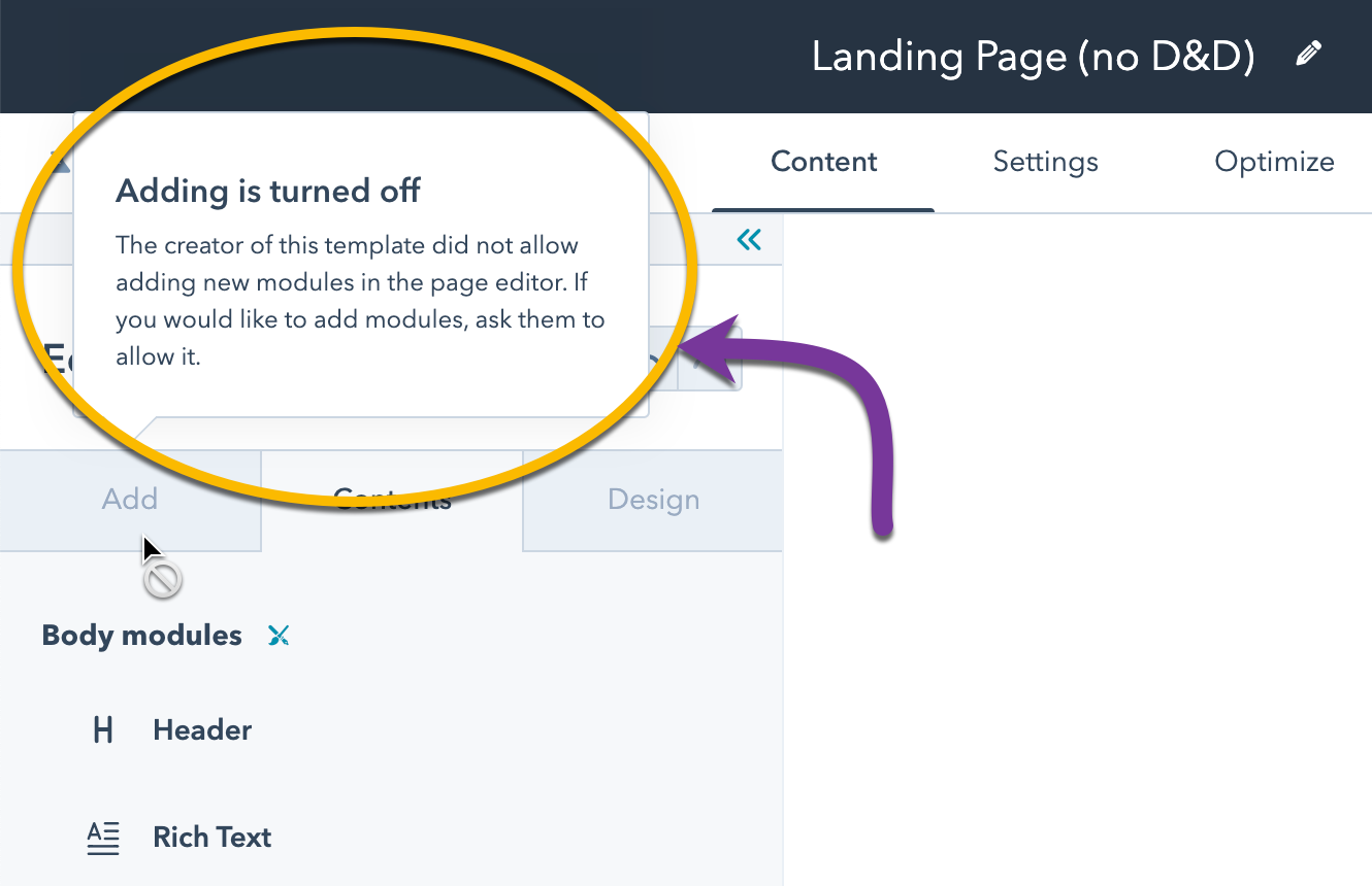 A message in HubSpot that indicates adding new modules to the page editor is not permitted. This happens when the page template does not support drag & drop areas