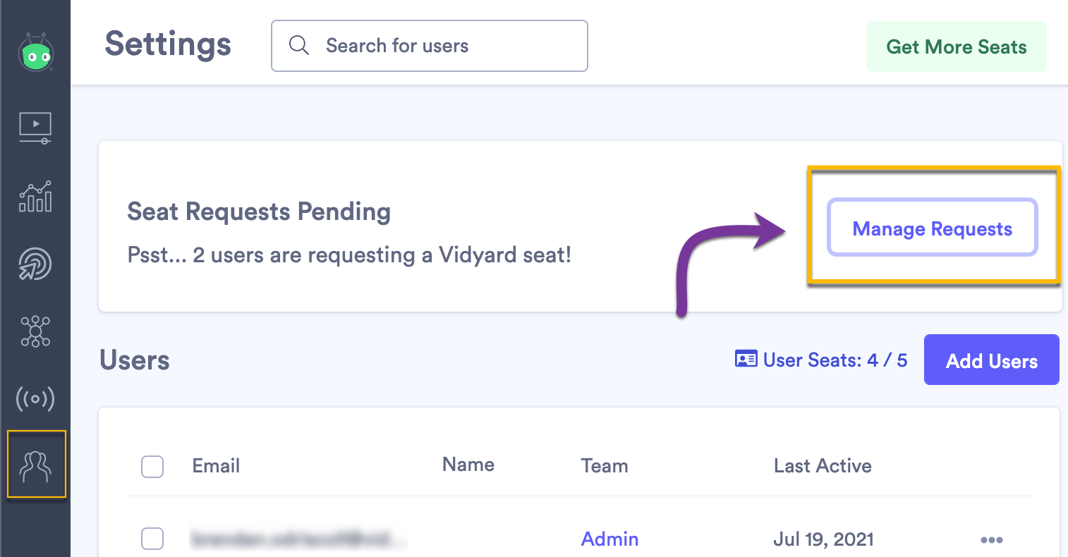 Vidyard user seat request pending section with button to manage incoming requests