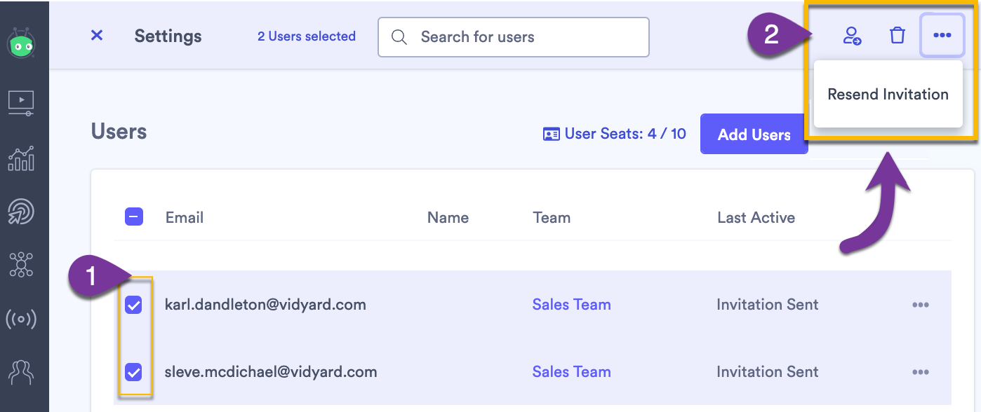 Users list with two users selected, menu button on top right pressed showing resend invitation option