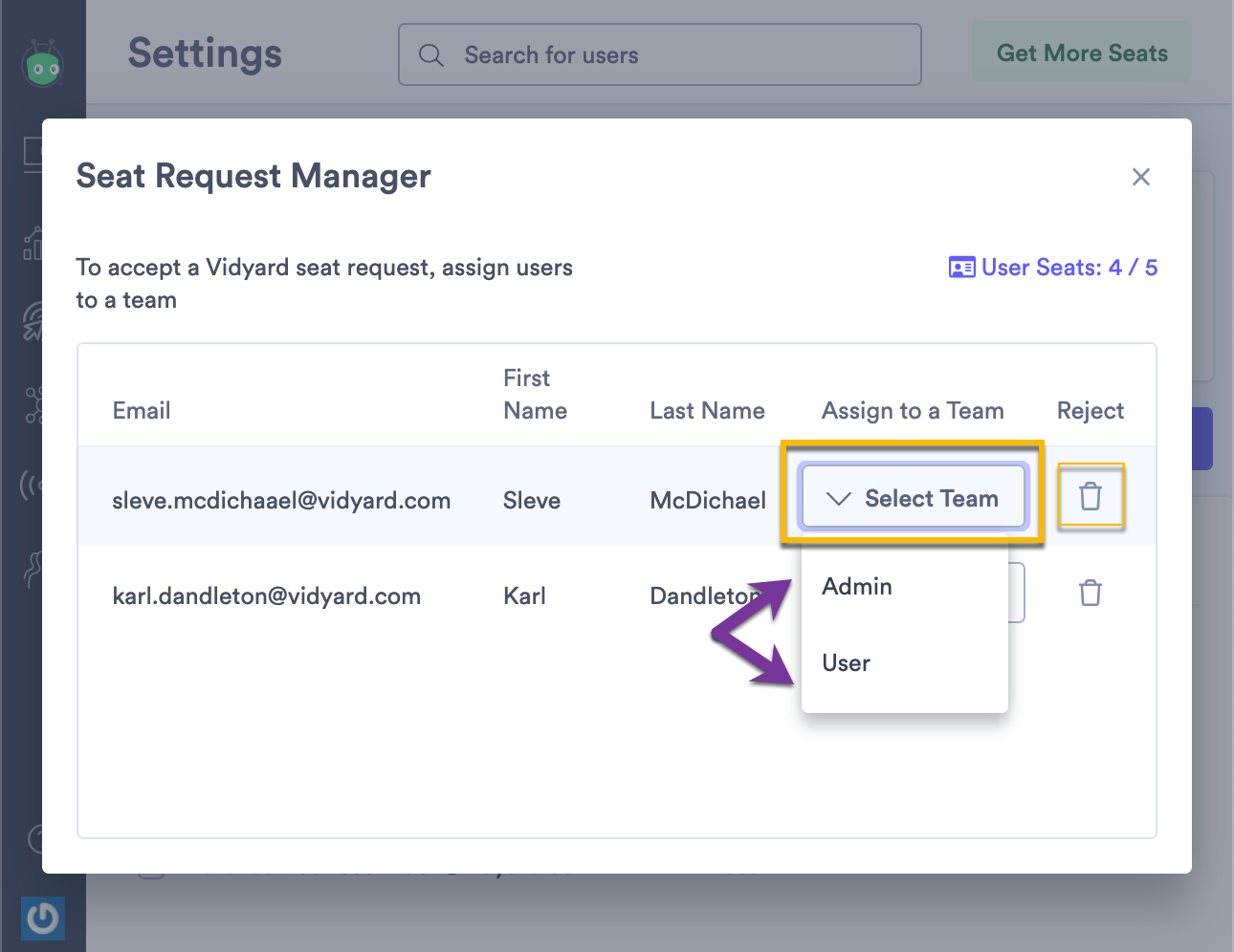 Team selection dropdown showing available options for users that are requesting a Vidyard account seat