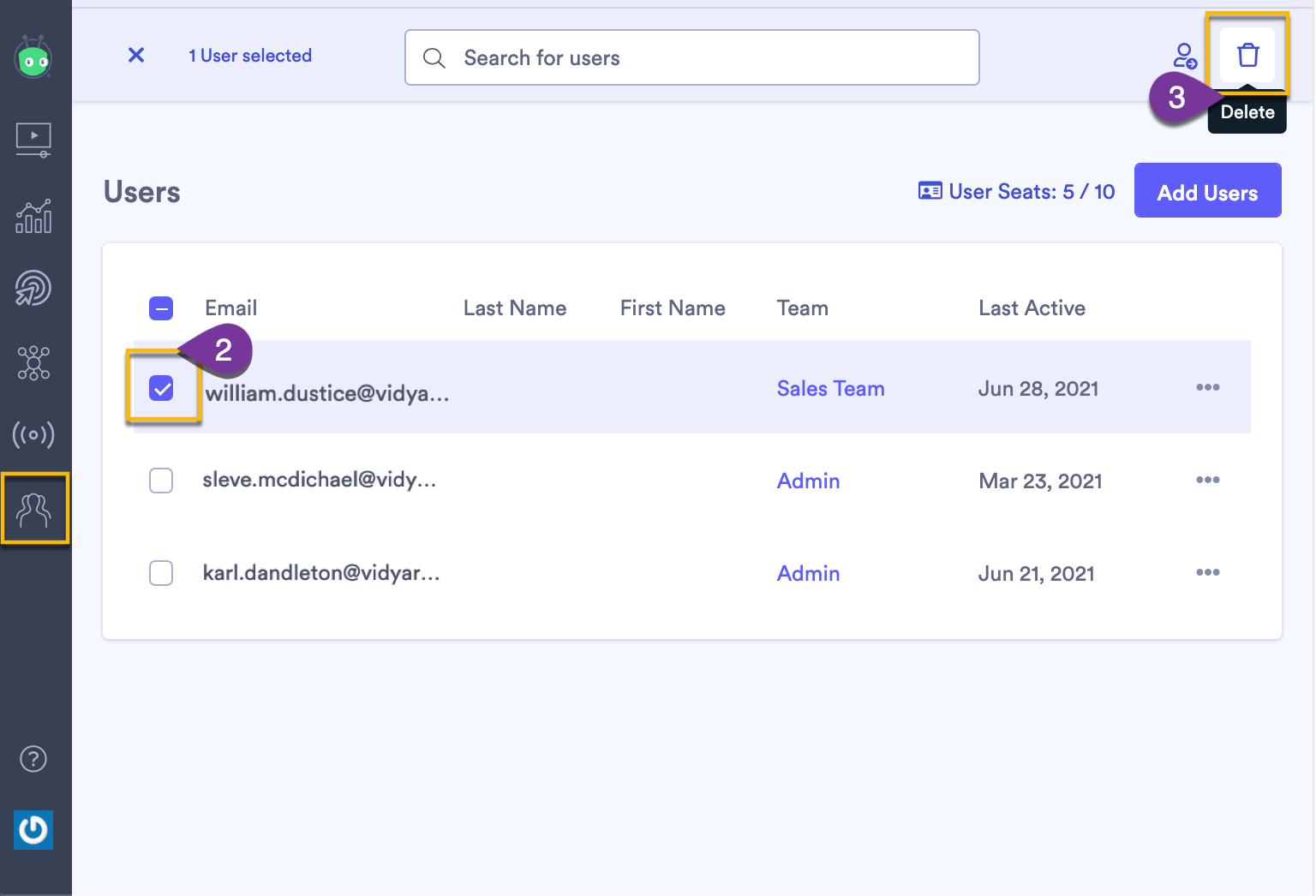 Selecting more than one user and deleting them from Vidyard