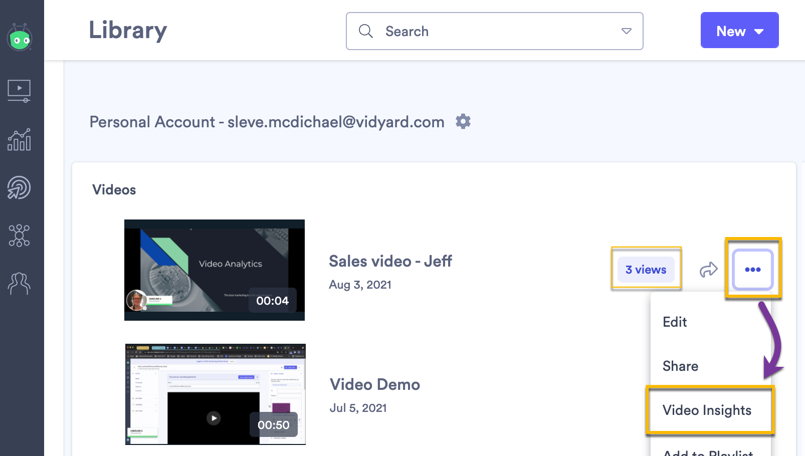 Vidyard library with video menu open, Video Insights button selected