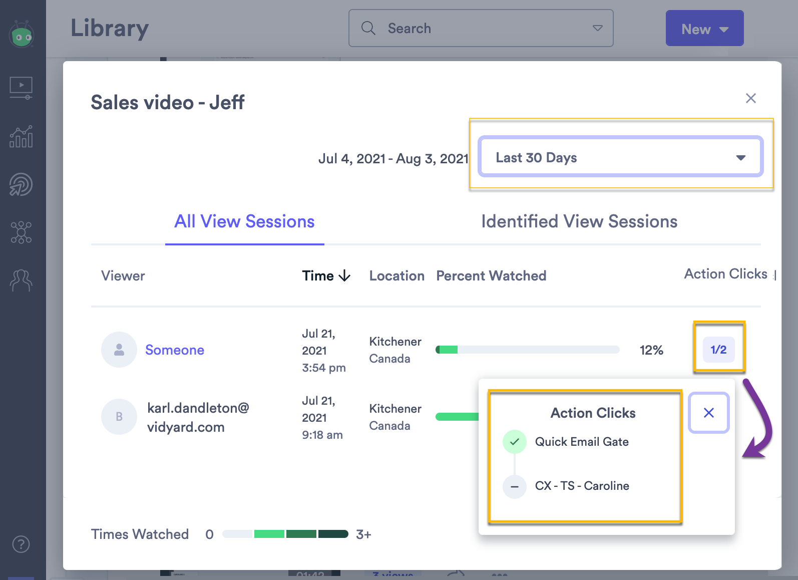 Video Insights card showing viewer information and Action clicks