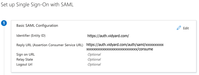 SAML settings in Azure with Identifier (Entity ID) and Reply URL fields populated