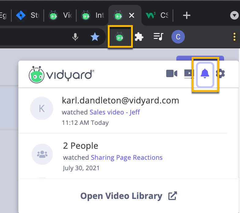 Notifications feed on the Vidyard Chrome extension, showing views and viewers