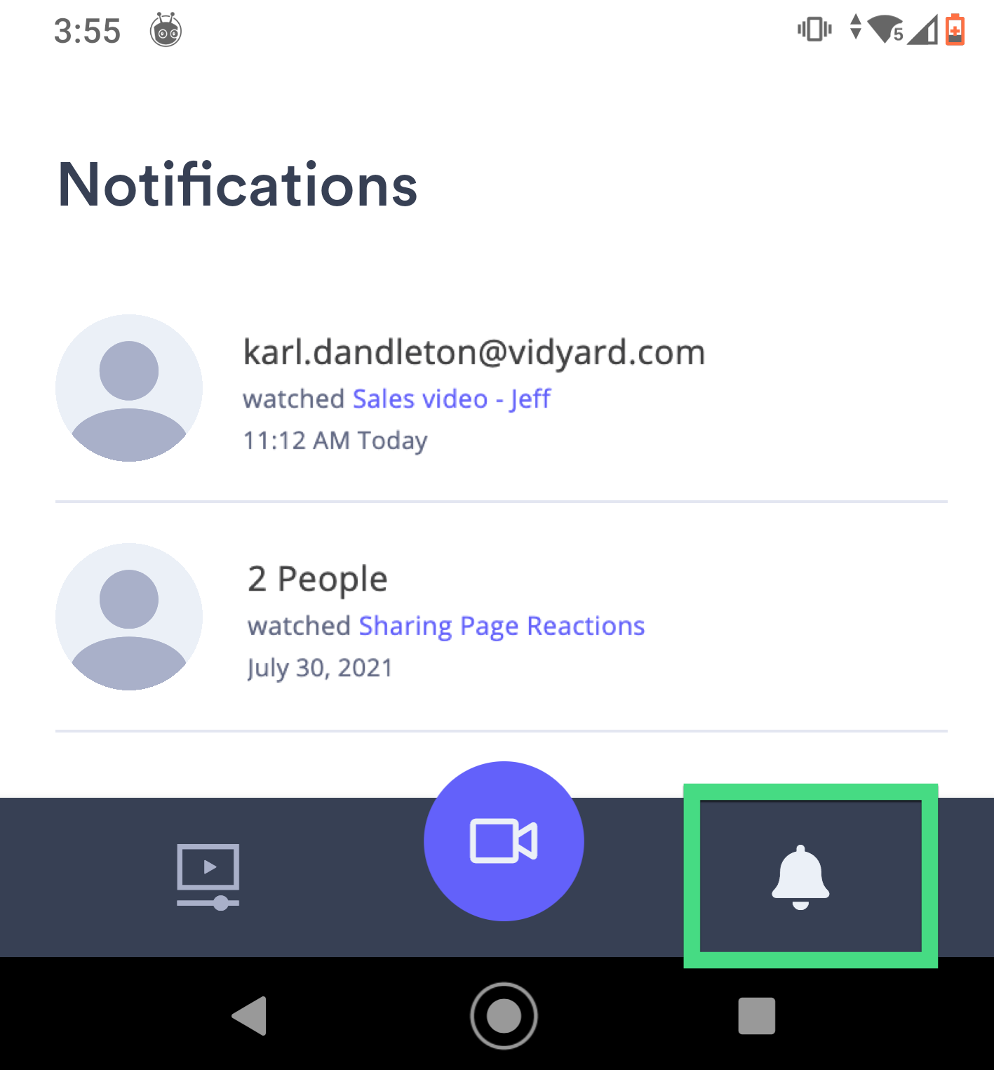 Notifications feed within the Vidyard mobile app, showing views and viewers