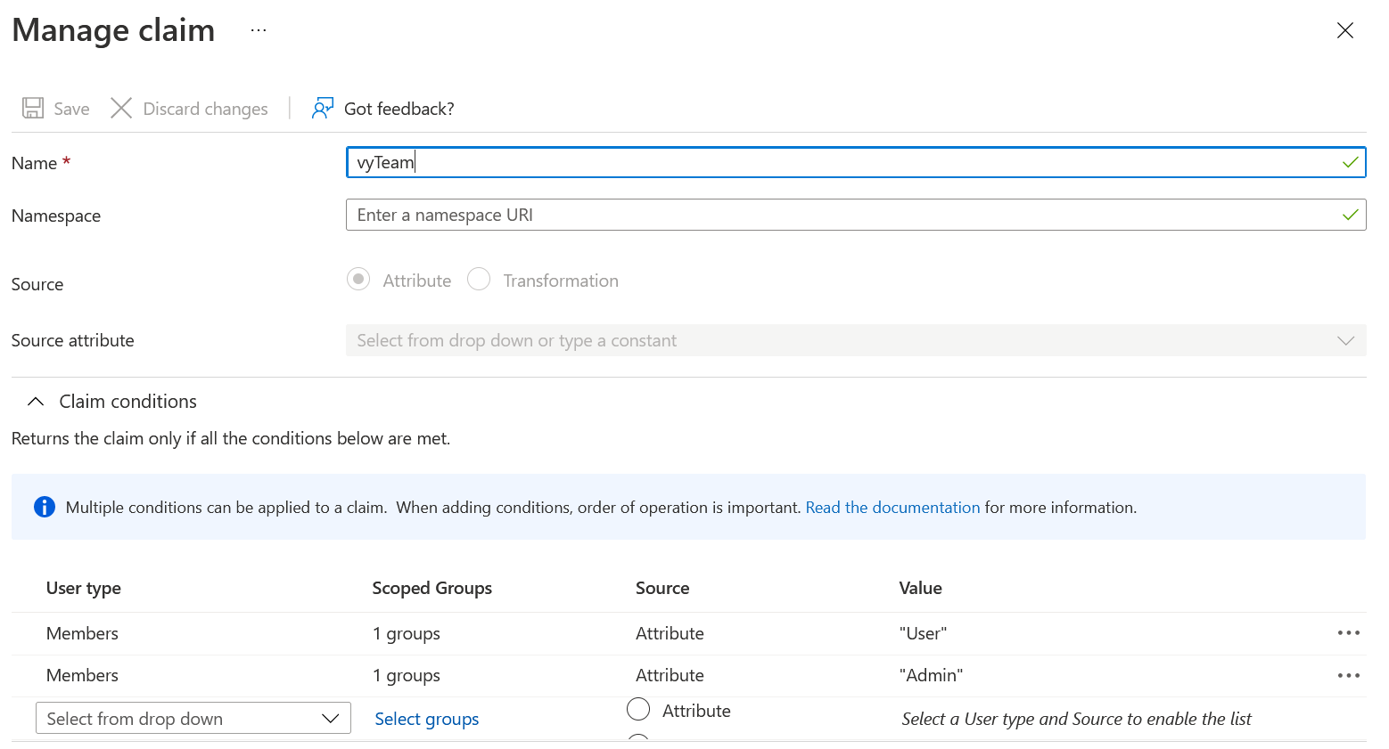 Setting up claim for vyTeam to assign value based on group membership in Azure.