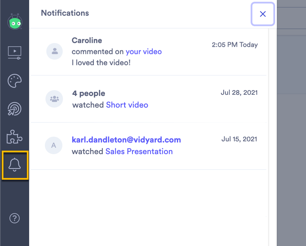 Notifications feed in Vidyard library showing views, viewers, and other notifications
