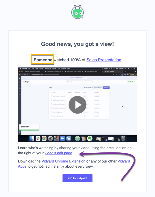 Email view notification showing anonymous viewer, video viewed, and percentage watched