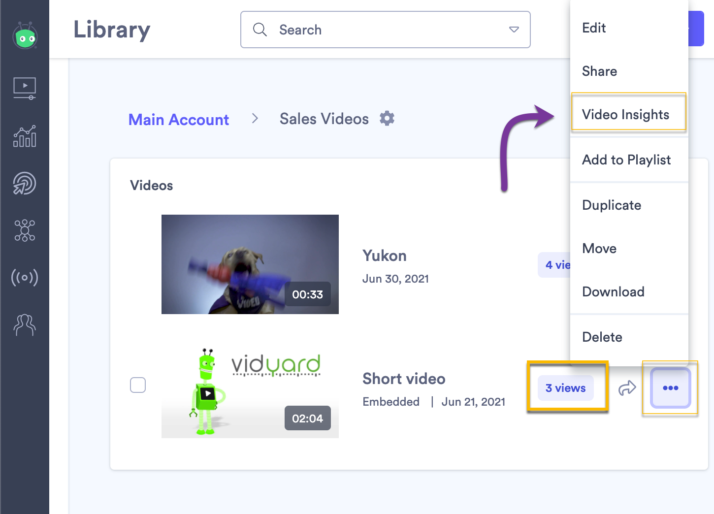 Vidyard library with video menu open and Video Insights option highlighted