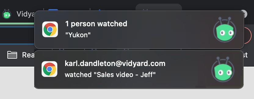 Desktop notification popup of an identified video view showing email and video watched