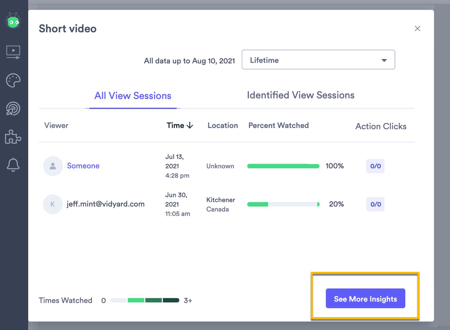 Vidyard Video Insights screen, showing viewing session information