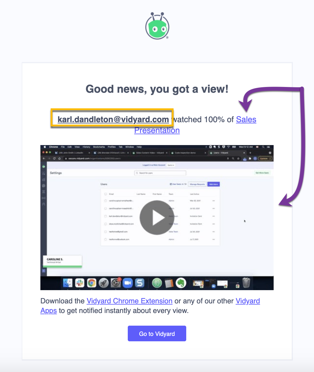 Email view notification from Vidyard showing viewer, video viewed, and percentage watched