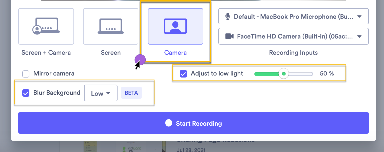 Vidyard recording window showing edited blur, low light, and mirror settings before beginning a recording