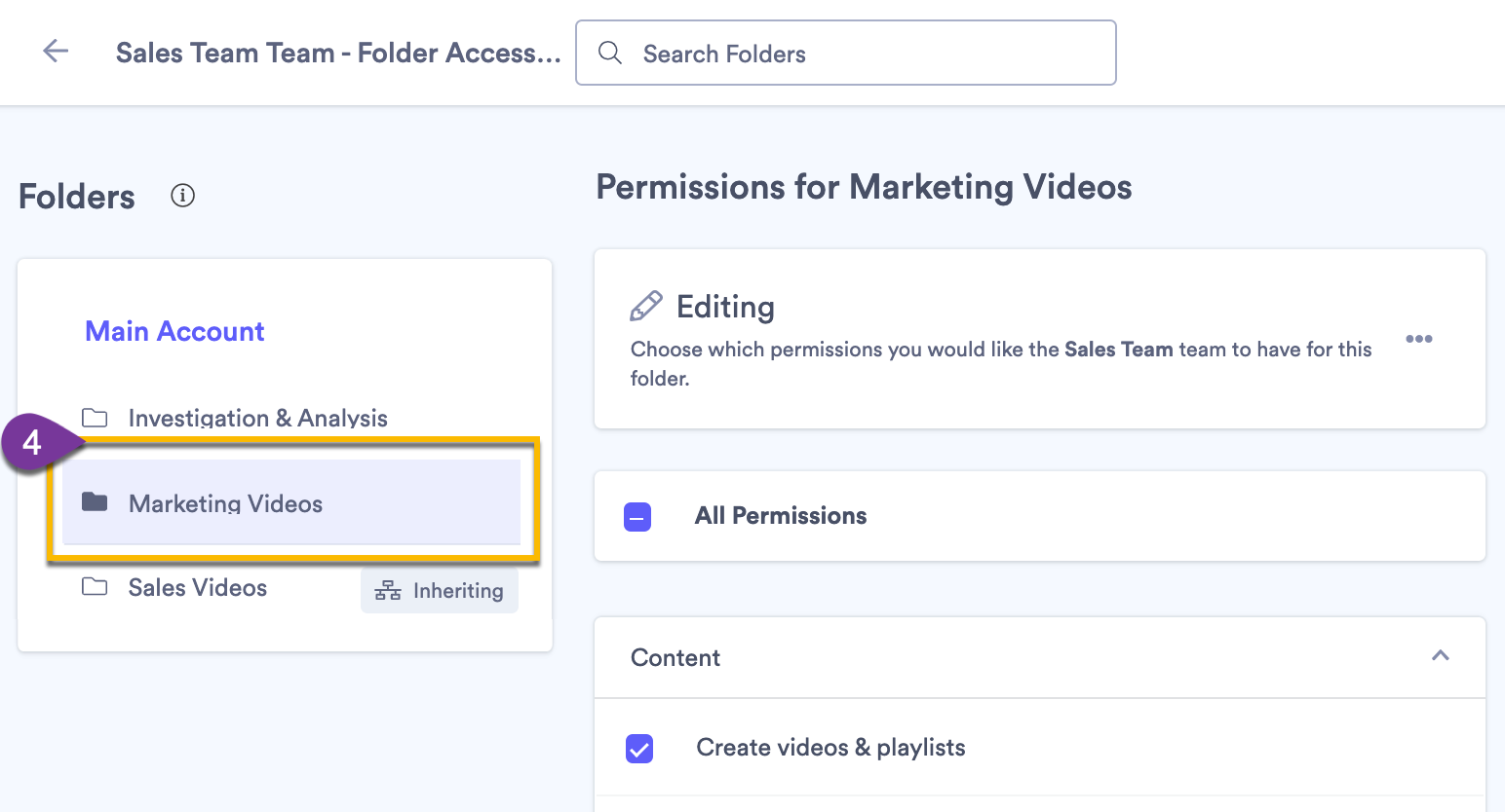 Selecting a folder from the menu to review how access and permissions are being set, whether they are being inherited from another folder