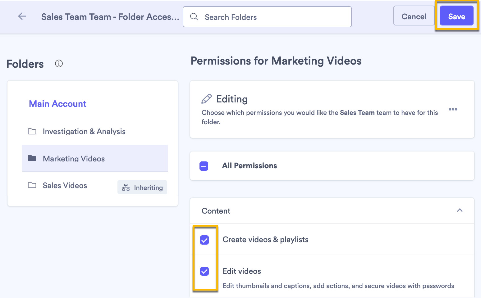 Using the checkboxes to change permissions with the folder, then selecting Save