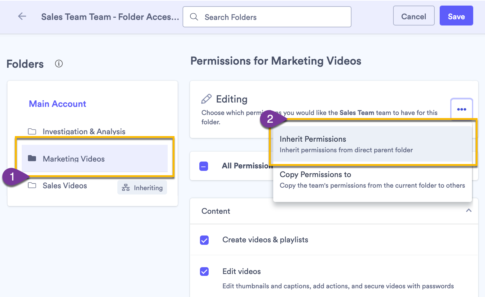 Selecting the Inherit Permissions option to have a folder resume inheritance from its parent folder
