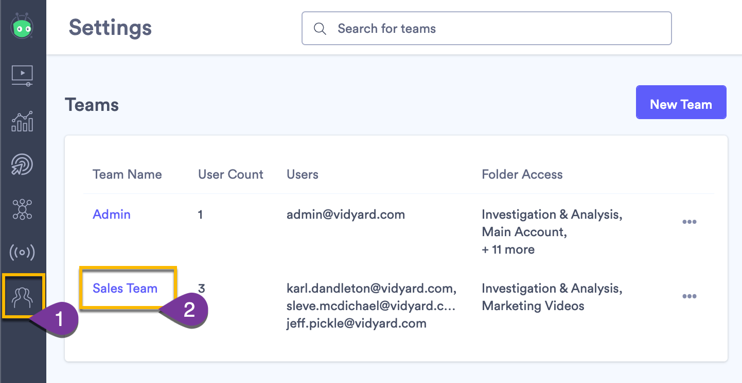 Selecting a team to manage permissions and settings