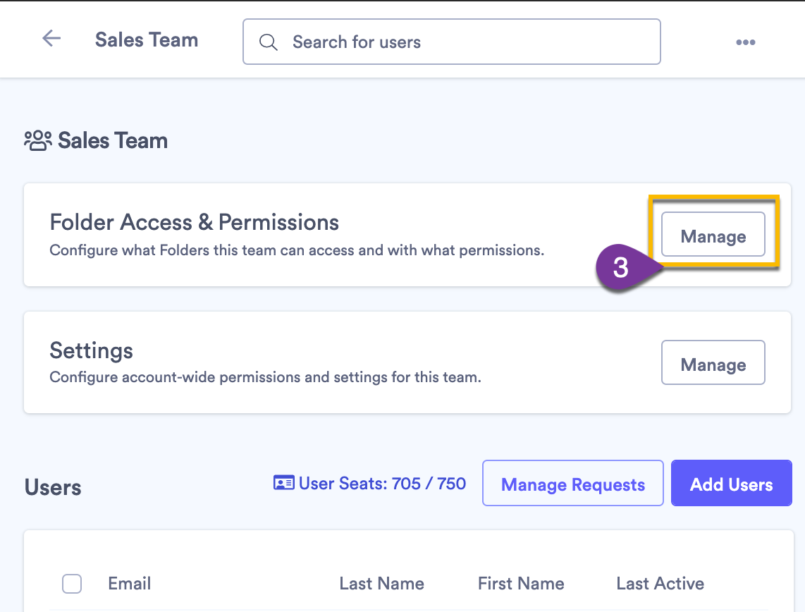 Selecting the Manage button to begin editing folder permissions