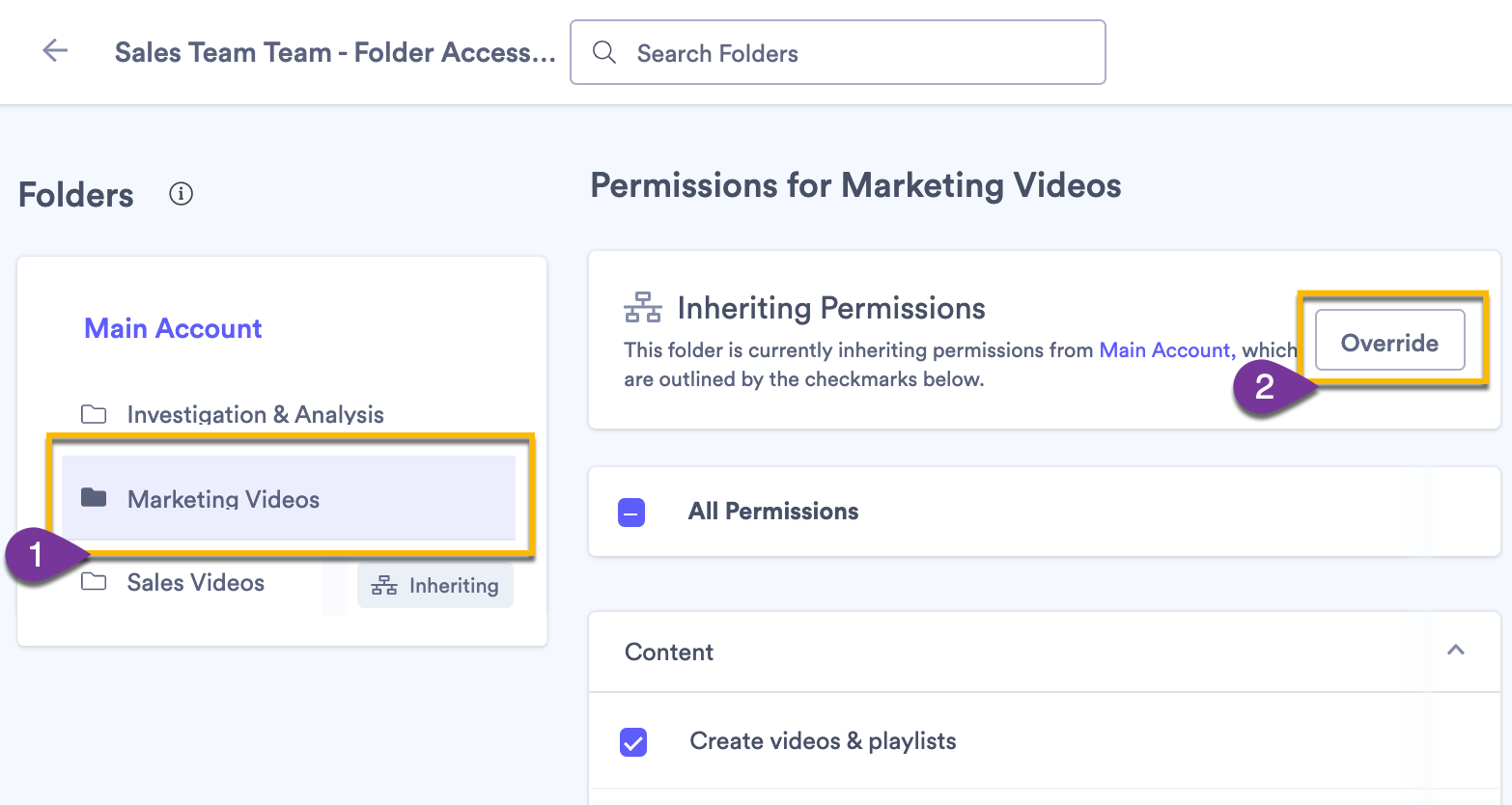 Selecting the override button to modify permissions in a folder that are being inherited