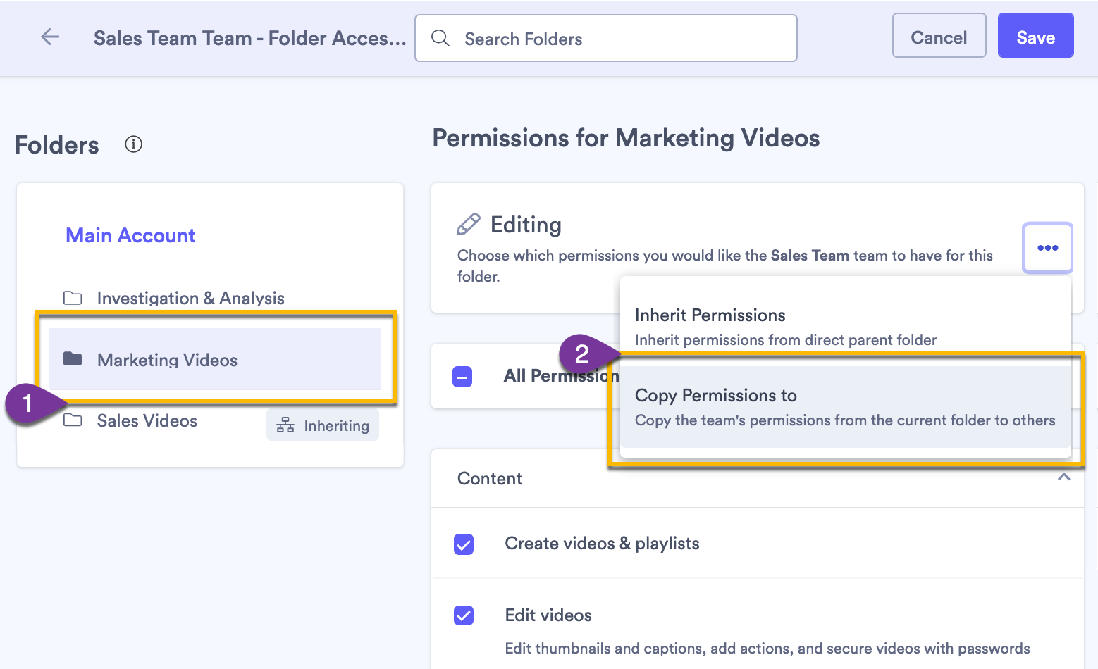 Selecting the Copy Permissions option to replicate a set of permissions in a different folder