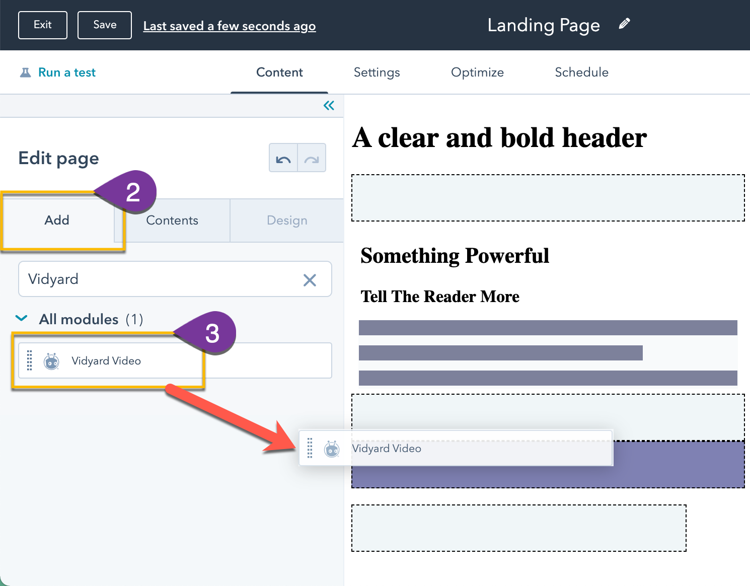 Dragging the Vidyard Video module on the landing page editor in HubSpot
