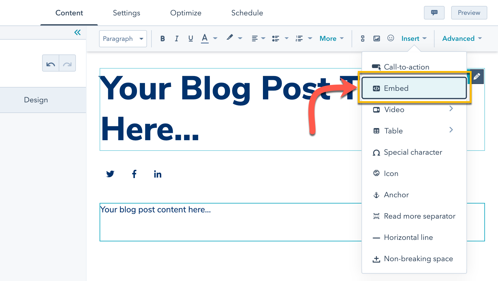 Selecting the Embed option from the rich text toolbar in HubSpot's blog editor
