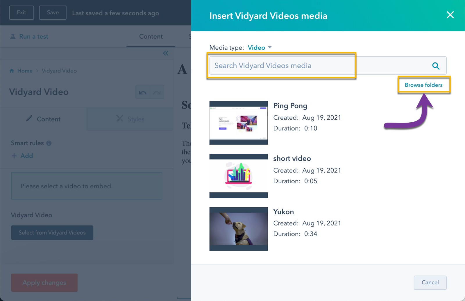 Clicking on the Browser Folders button as an alternate way to select a video from your library in HubSpot