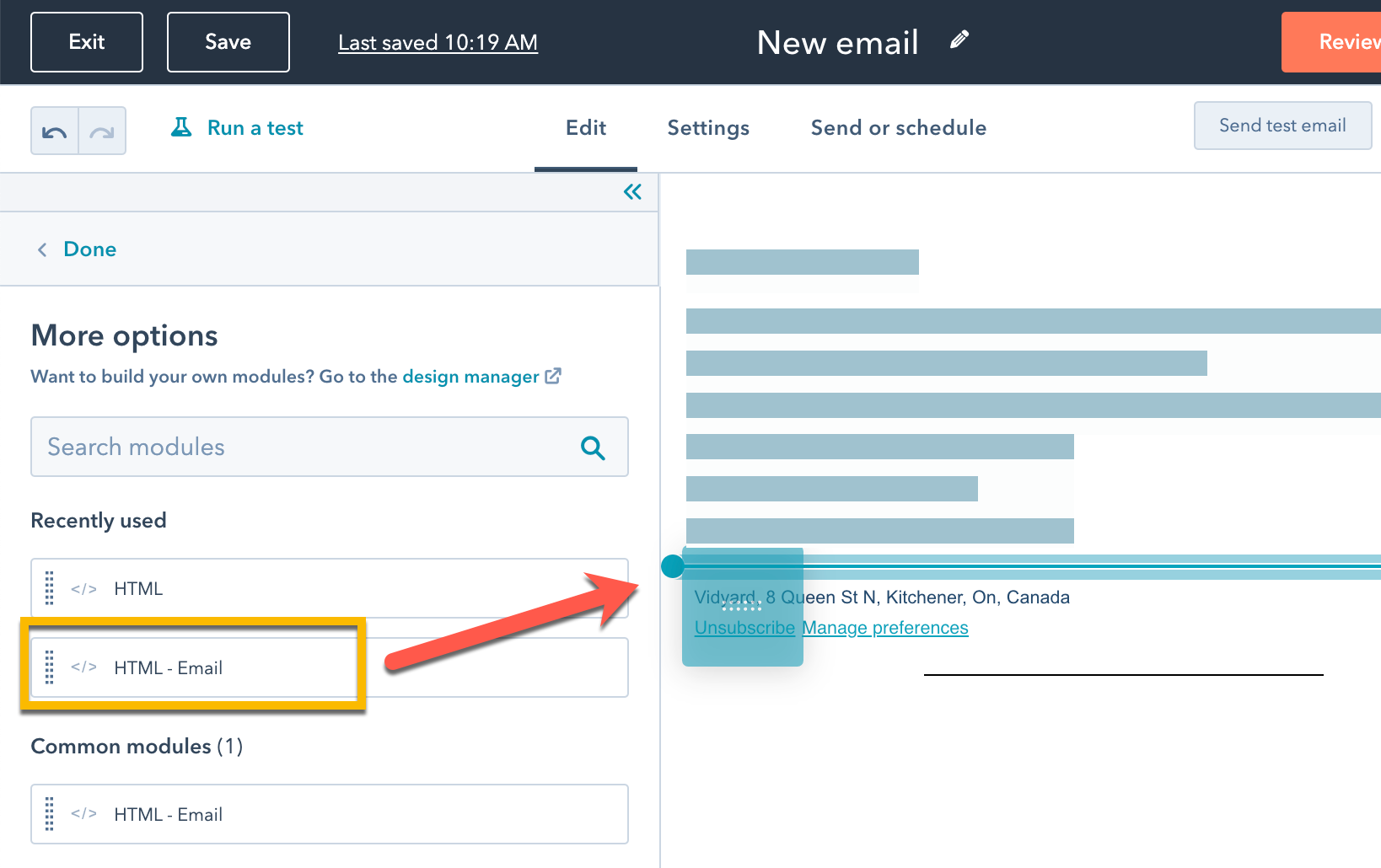 Dragging the HTML-Email module onto the page layout in HubSpot's email editor